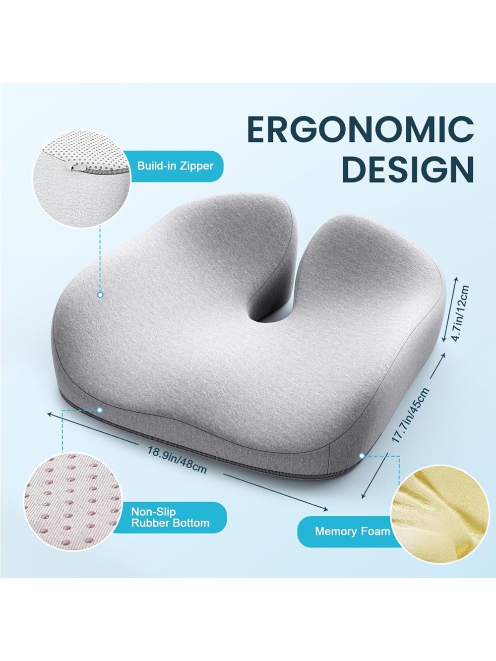 Ergonomic Gray Memory Foam Seat Cushion